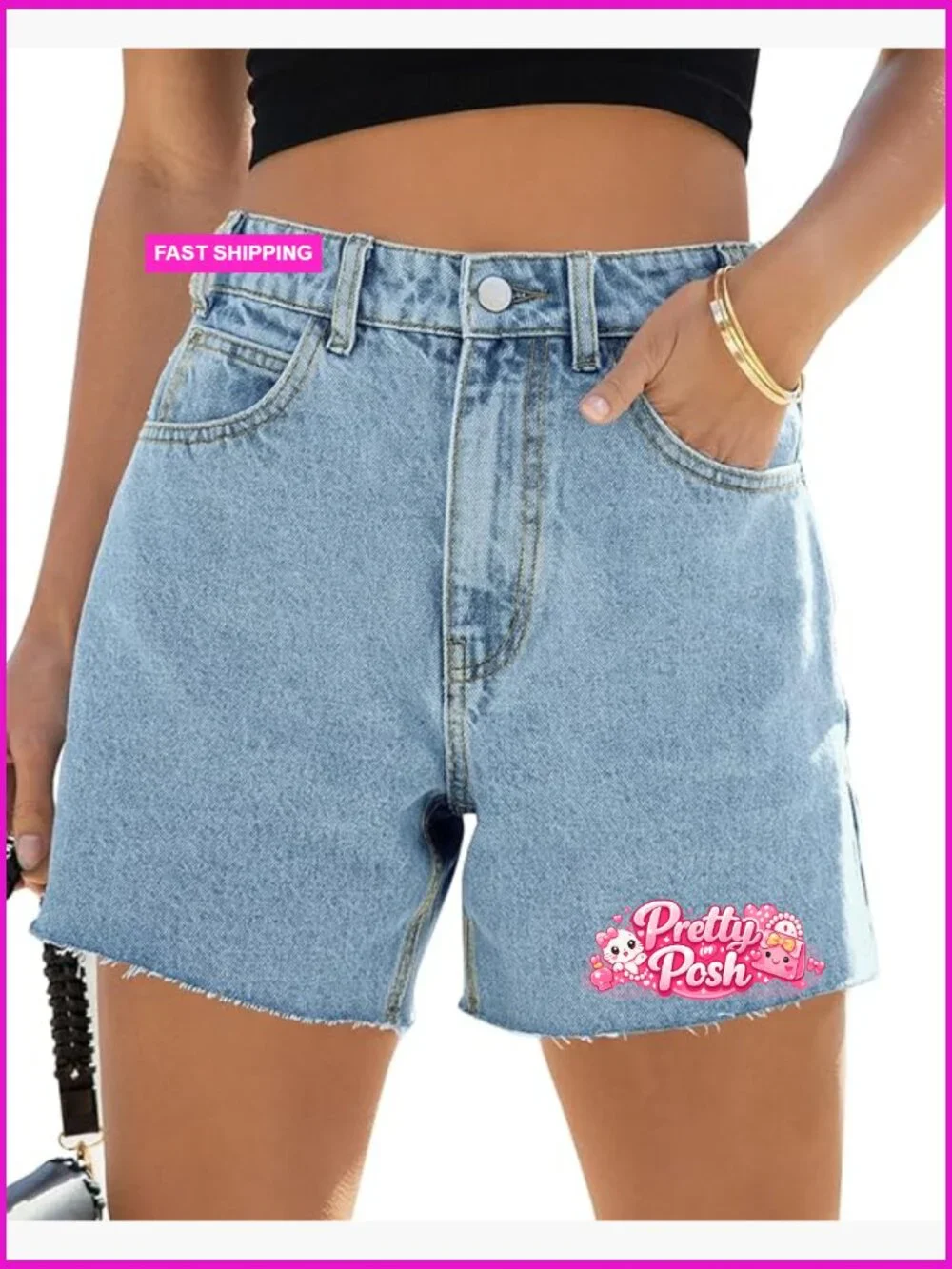 High Waisted Baggy Straight Leg Denim Shorts with Raw Hem